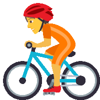 a person wearing a red helmet is riding a blue bicycle