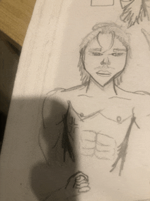 a drawing of a man without a shirt has the number 30 on his chest