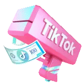 a pink tiktok gun with money coming out of it on a white background .