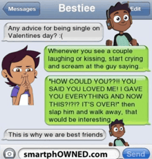 a text message from bestiee asking for advice on valentine 's day
