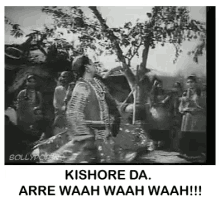 a black and white photo of a woman dancing in front of a group of people in a village .