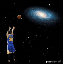 a basketball player with the number 30 on his jersey throws a ball