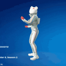 a person in a white suit with a teddy bear on their head