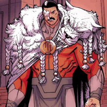 a man with a bandage on his eye is wearing a cape with a pendant that has the letter t on it
