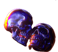 two colorful skulls on a white background one of which has a hole in it