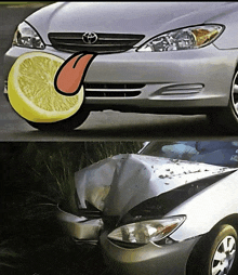 a picture of a car with a lemon slice sticking out of it