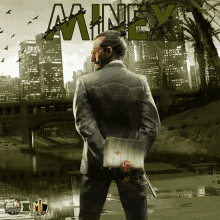 a poster for minex shows a man in a suit holding a gun and a laptop