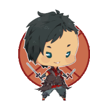 a chibi drawing of a man holding two swords with a red circle behind him