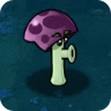 a purple mushroom with a green stem and a purple hat is sitting on a blue surface .