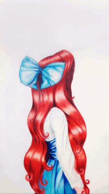 a drawing of a girl with red hair and a blue bow in her hair