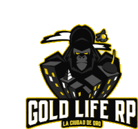 a logo for gold life rp la ciudad de oro with a gorilla holding a gun