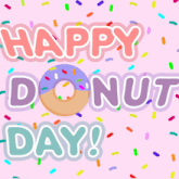 a pink background with the words happy donut day surrounded by colorful sprinkles
