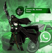 a cartoon character with a sword and the words answer me heishou packs on the bottom