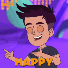 a cartoon of a boy pointing to the word happy