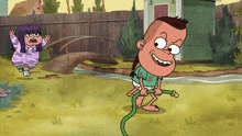 a cartoon of a boy holding a hose with a girl behind him