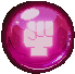 a pixel art of a purple circle with a fist in the middle .