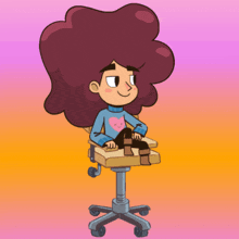 a cartoon character is sitting on a chair with a heart on her shirt