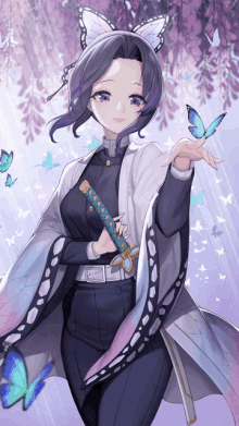 a girl with butterfly ears is holding a sword in her hand