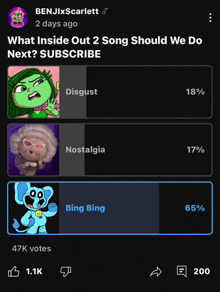 a screenshot of a facebook page asking what inside out song should we do next