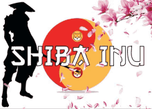 a shiba inu logo with a silhouette of a man and flowers in the background