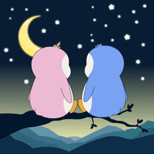 two penguins sit on a tree branch looking at the moon