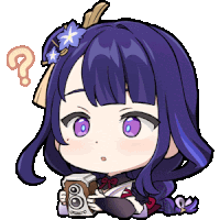 a cartoon drawing of a girl with purple hair holding a camera and a question mark .