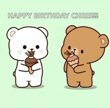 two teddy bears eating ice cream with the words happy birthday chris written below them