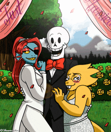 a cartoon drawing of a bride and groom with a sign that says " first "