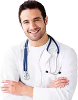 a doctor with a stethoscope around his neck smiles for the camera