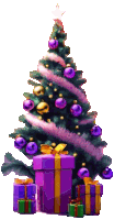 a christmas tree with purple and gold ornaments and gifts underneath