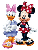 minnie mouse and daisy duck are standing next to each other on a white background