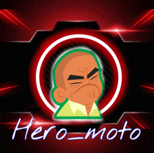 a logo for a company called hero moto with a cartoon character