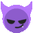 a purple devil emoji with horns and a tooth sticking out .