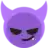 a purple devil emoji with horns and a tooth sticking out .