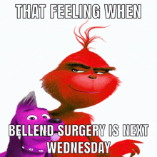 a picture of a grinch and a purple dog says that feeling when bellend surgery is next wednesday