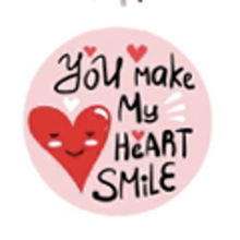 a pink circle with a red heart and the words `` you make my heart smile '' .