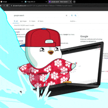 a penguin wearing a red hat and snowflake sweater is standing in front of a laptop