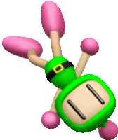 a green cartoon character with pink arms and legs