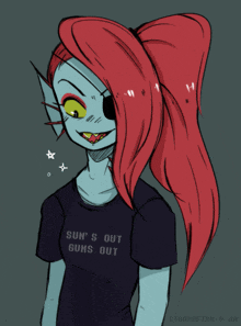 a drawing of a girl with red hair and a black shirt that says sun 's out guns out