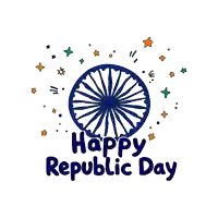 a happy republic day greeting card with a blue wheel and stars