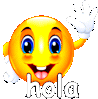 a cartoon smiley face with the words hola written on it .