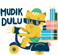 a cat wearing sunglasses is riding a scooter with a stack of gifts on the back and the words mudik dulu above him