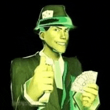 a man in a suit and hat is holding a fan of money .