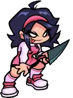 a cartoon girl is holding a knife and sticking out her tongue .