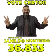 a man in a suit and tie giving a peace sign with the words vote certo behind him