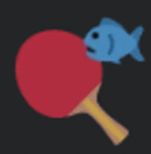 a blue fish is eating a red table tennis paddle