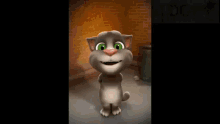 a cartoon cat with green eyes is standing in front of a brick wall ..