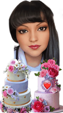 a woman 's face is surrounded by three cakes decorated with flowers