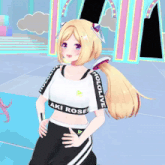 a girl with a ponytail is wearing a white top that says aki rose