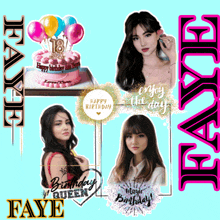 a birthday card for faye with a cake and balloons on it